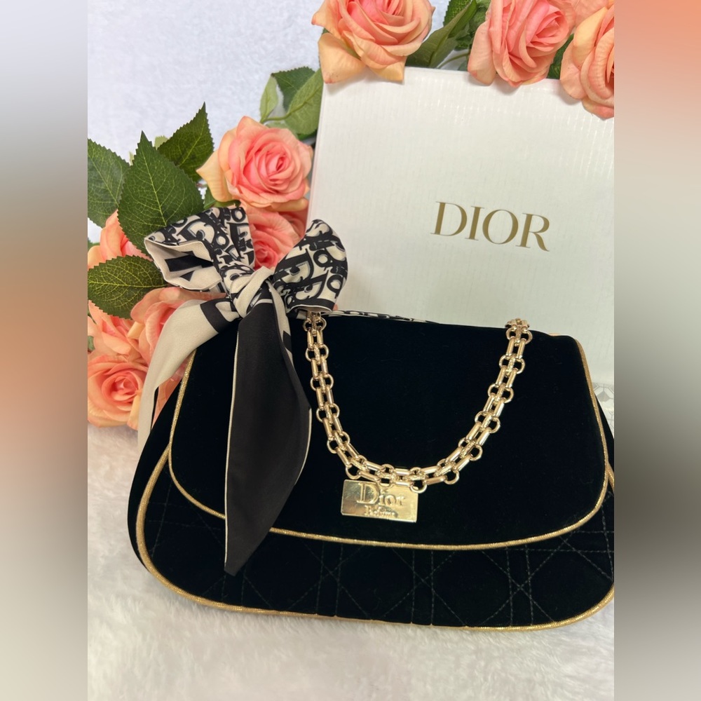 ✨AUTHENTIC DIOR✨Black Velvet Quilted Pouch//Shoulder Bag//Cosmetics-Perfume